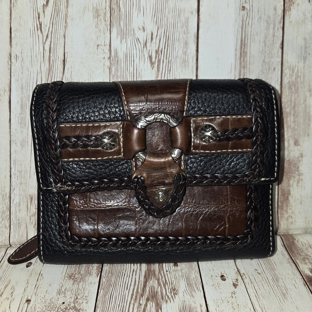 Brighton Black Brown Leather Wallet Western Concho Braided Trim Organizer Bifold